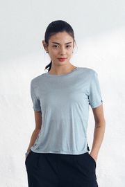 Cielcoco CLWT8103 Silky Shirring Short Sleeve Women Rayon Soft Workout Top T-Shirt _ Mint Blue _ Made in Korea